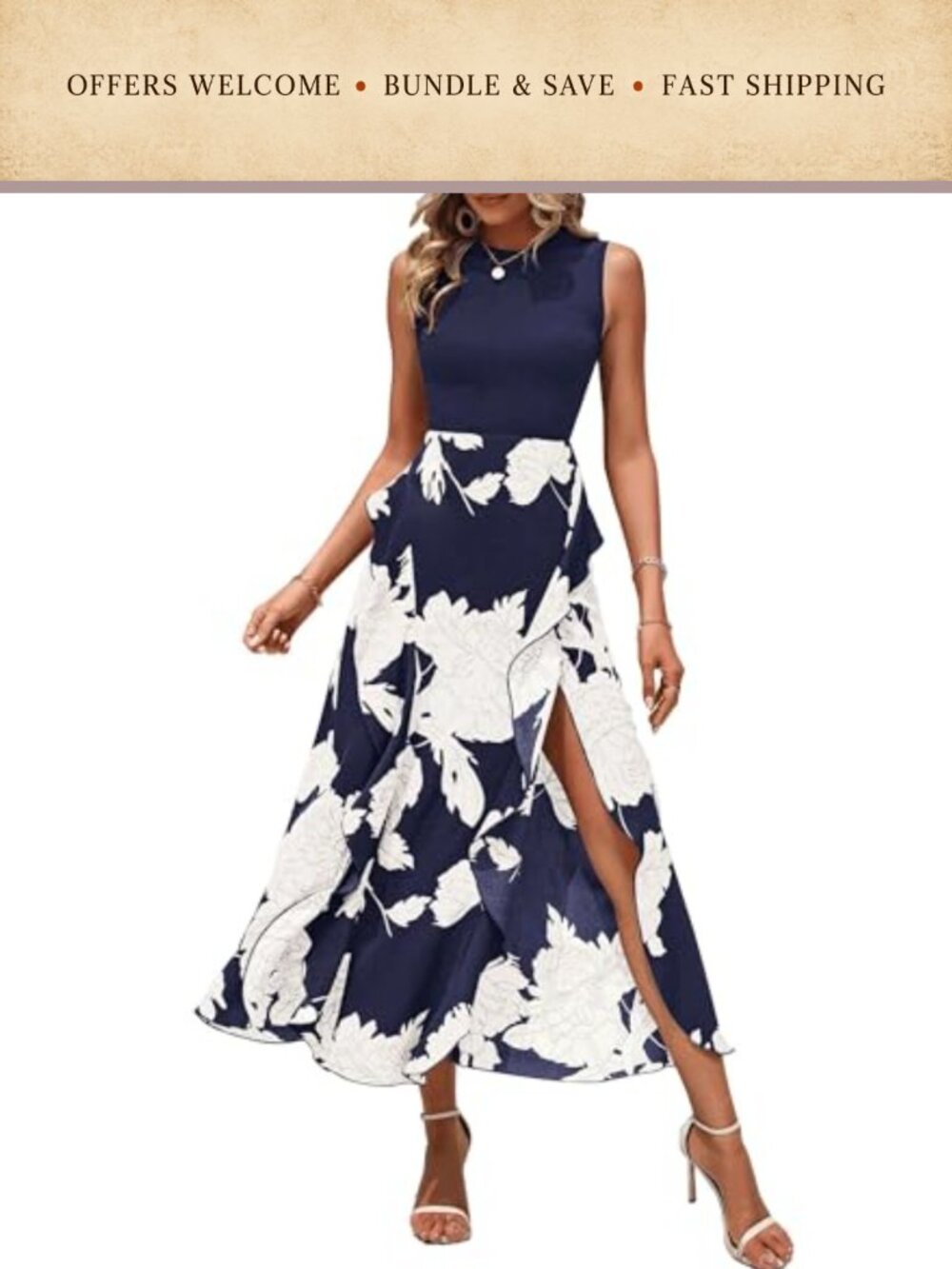 Women Sleeveless Floral Midi Dress Boho Ruffle A-Line Summer Casual